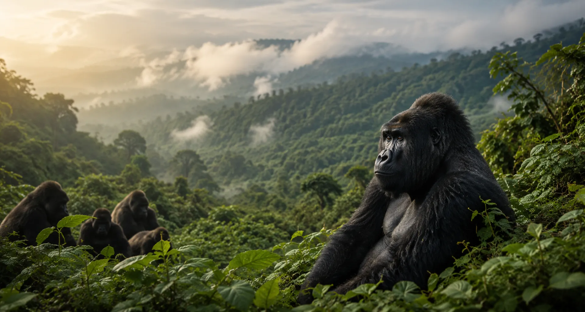 Silverback mountain gorilla overlooking misty Bwindi rainforest at sunrise