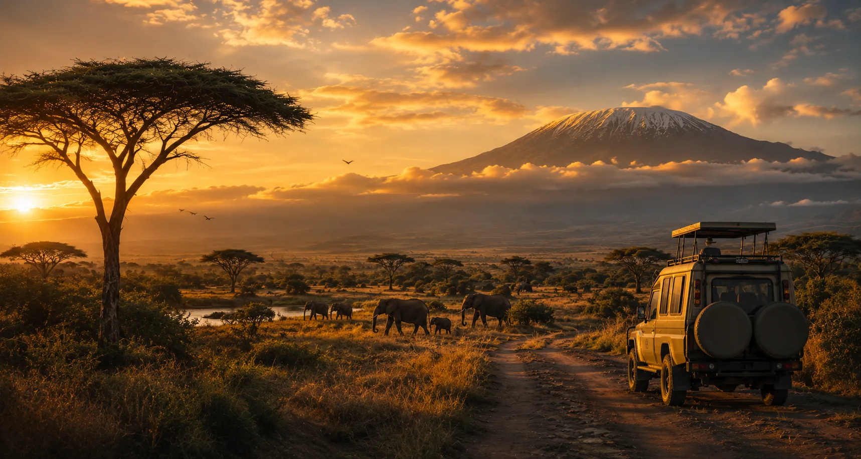 Elephants at sunrise with Mount Kilimanjaro in the background